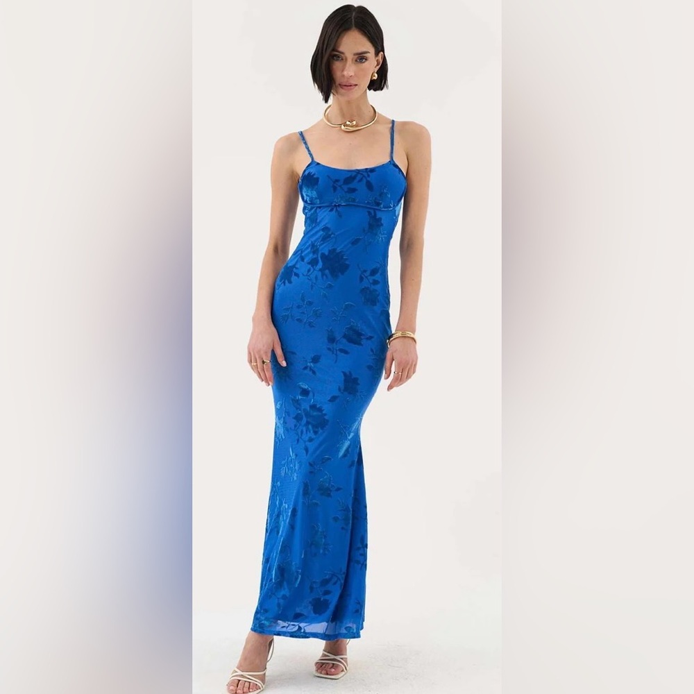 NWT—ISABELLA Floral Burnout Maxi Dress in Cobalt Blue PRODUCT DETAILS